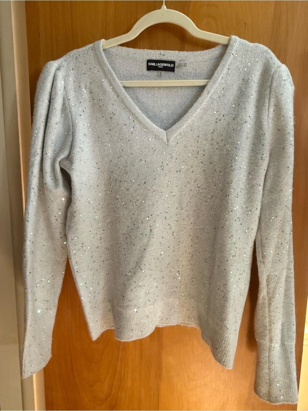 Karl Lagerfeld Silver-Embellished Light Gray V-Neck Sweater